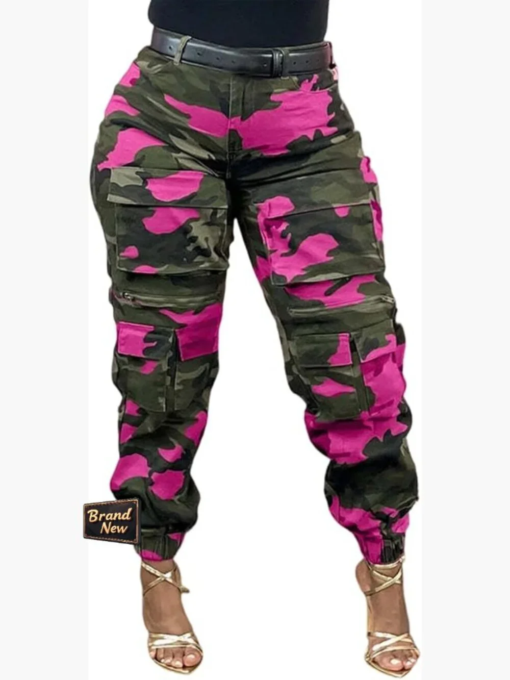 Baggy High Waisted Camo Cargo Pants with Multi Pockets and Jogger Cuffs